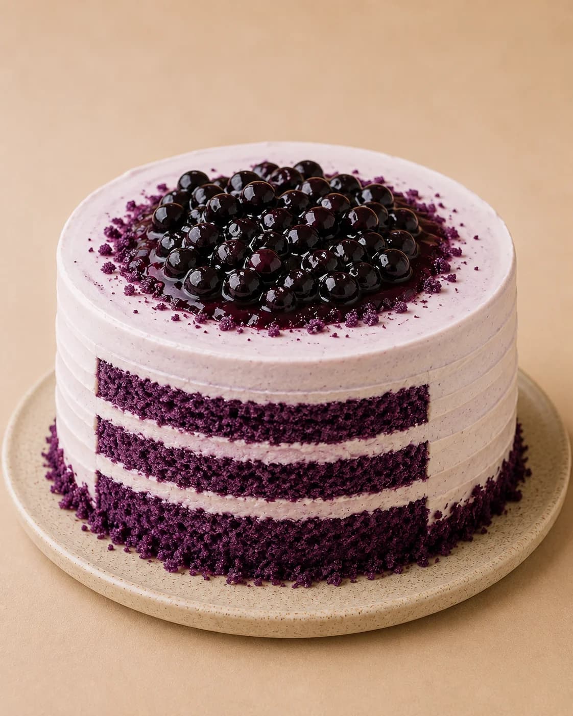 Purple Velvet. Blackcurrant through a velvet crumb. Cream cheese over the top.
