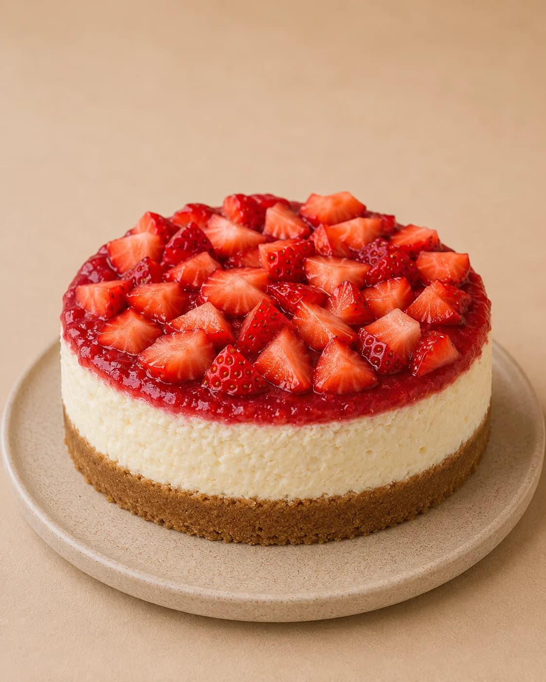 Strawberry Cheesecake. Cream cheese, biscuit base, coulis run down the sides.